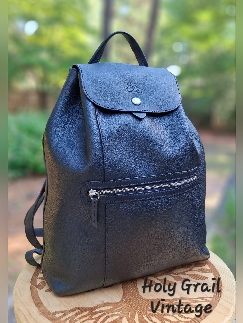 Longchamp Le Foulonne Black Pebbled Leather Backpack Daypack